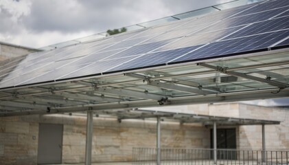 Obraz premium Outdoor courtyard with solar panels integrated into a museum rooftop canopy focused on crisp panel details against a softly blurred cloudy background.