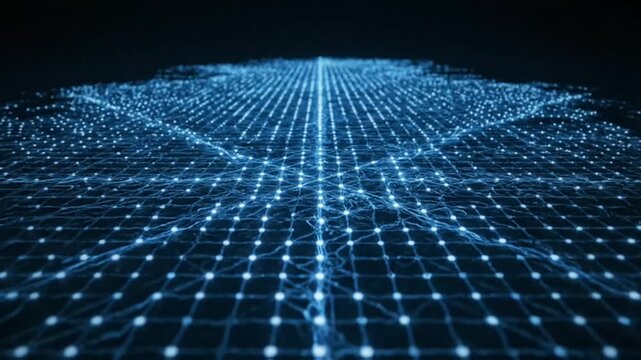 Abstract blue background with space featuring a digital 3d grid pattern and binary code for a futuristic technology network communication design