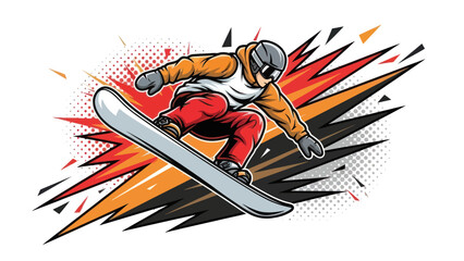 Snowboarder performing a jump against a burst background vector illustration © Muh