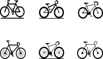 Obraz premium Bicycle silhouette icon set featuring different bike styles, black and white vector illustrations ideal for cycling logos, sport branding, transportation concepts, apps, and minimalist design projects