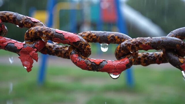Rusted chain dripping rainwater close-up at an abandoned playground