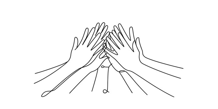 Many hands joining together in a symbolic gesture of teamwork and unity in a simple line drawing. Vector, illustration