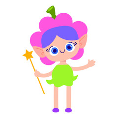 Cute cartoon forest fairy character with a flower hat on her head