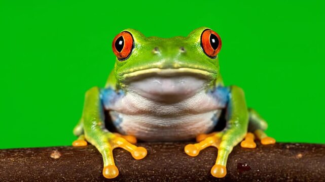 A close-up video of a green frog perched on a branch with bright orange eyes staring directly into the camera.