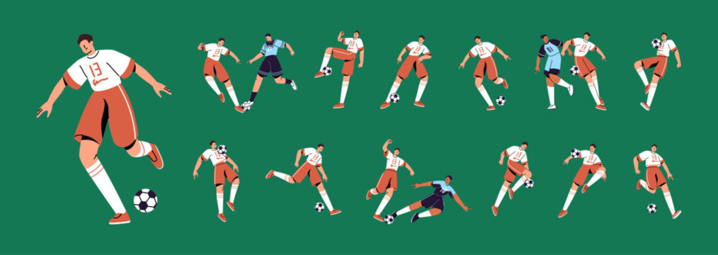 Set of football players. Athletes in sportswear pass, hit ball with foot. Sportsmen play soccer. People in uniform run at sports game training, kick and goal. Flat isolated vector illustrations.