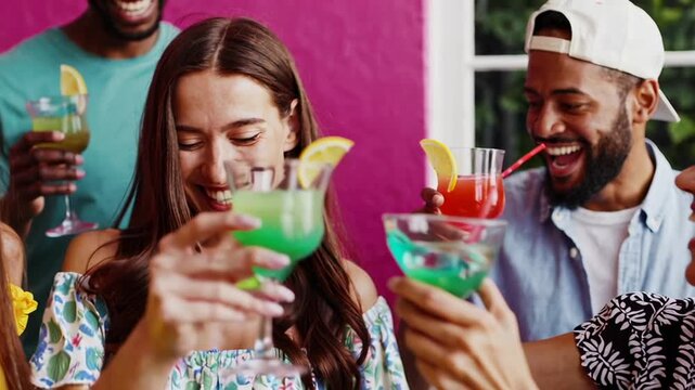 Multicultural friends celebrating summer vacation, raising colorful cocktails and enjoying festive moments together near vibrant fuchsia wall background