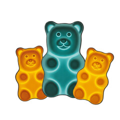 Three glowing gummy bear candies isolated on transparent background