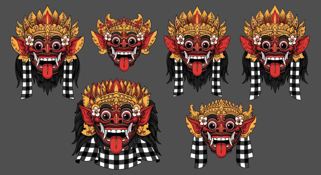 Collection of colorful Rangda masks on a gray background.
