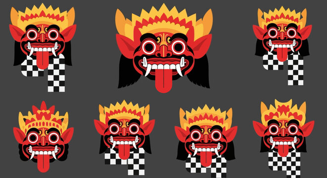 Set of colorful Rangda masks with checkered patterns on dark background.