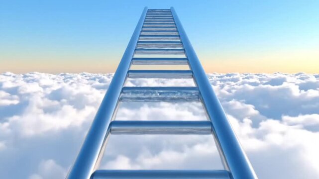 A surreal wooden ladder stretches upward through a break in the clouds toward a brilliant stairway to heaven bathed in ethereal golden light