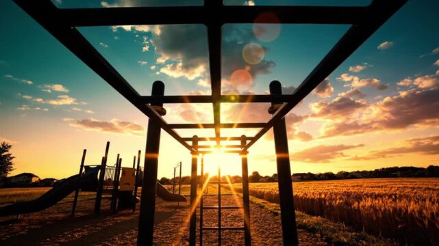 Playground Monkey Bars Silhouetted Against Golden Sunset