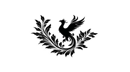 Naklejka premium Majestic phoenix bird silhouette with elegant botanical scrollwork, mythical creature emblem graphic design element