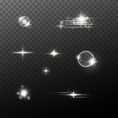 Set of glowing light bursts with sparkles, lens flares, explosions. Glare radiance effect, Glow special effect light. Sun, stars lights
