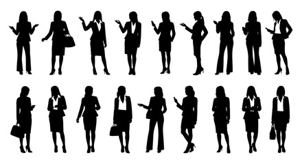 Fototapeta premium Collection of silhouetted women in various business attire and poses.