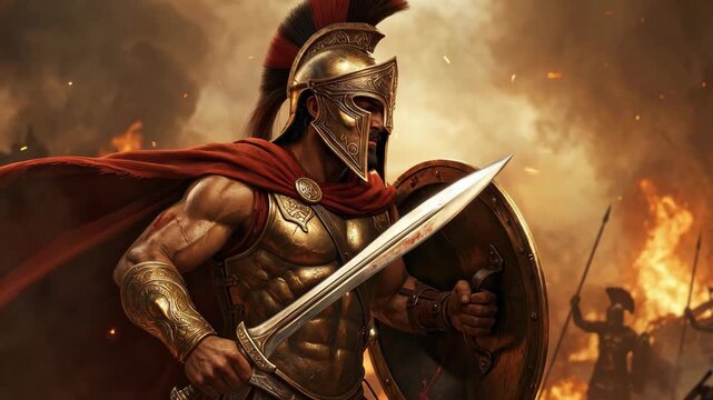 Brave combatant wielding sword and shield among blazing ruins and smoke