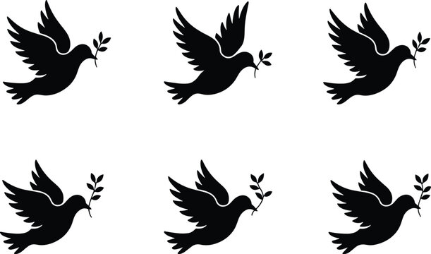 Dove bird silhouette icons set illustration, flying peace doves with olive branch representing freedom, hope, harmony, spirituality, and symbolic wildlife design isolated on white background