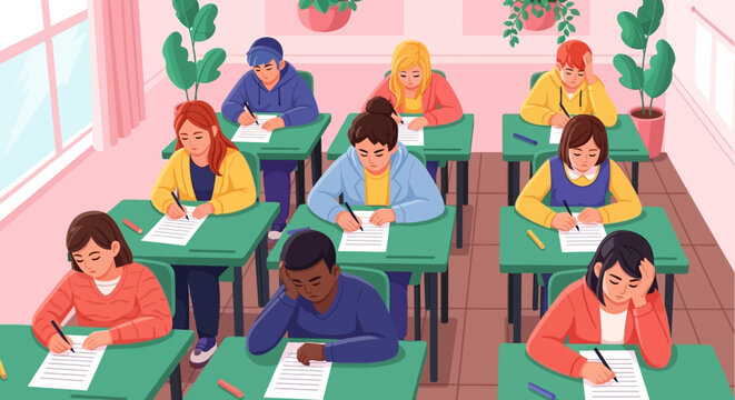 Students taking a test in a classroom with green desks and pink walls.