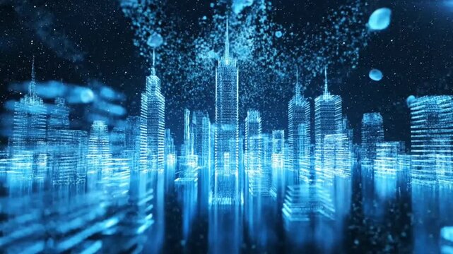 An abstract blue digital background of binary code flowing over a futuristic urban city skyline with glowing architectural skyscrapers and data-driven technology illustrations