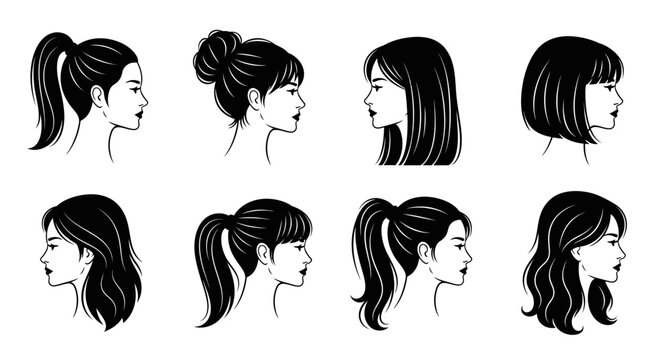 Collection of black and white illustrations of women's hairstyles in profile.