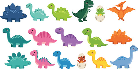 Cute Baby Dinosaur Character Vector Set Featuring Colorful T-Rex Stegosaurus Brachiosaurus and Pterodactyl Illustrations for Kids Nursery Decor and Prehistoric Themed Designs © Shahanaj