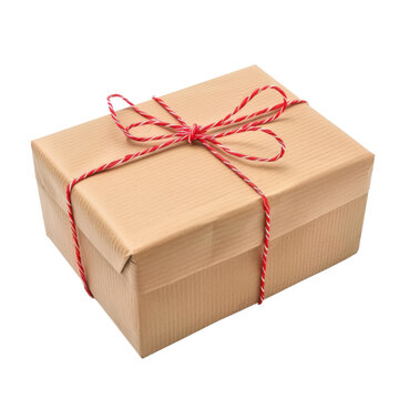 Wrapped kraft paper gift box with red string bow isolated on Transparent Background
