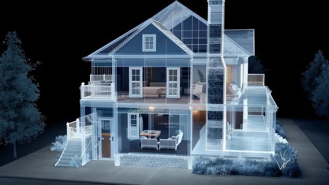 3D Visualization of a Modern House Interior and Exterior at Night with Transparent Walls and Detailed Architectural Design