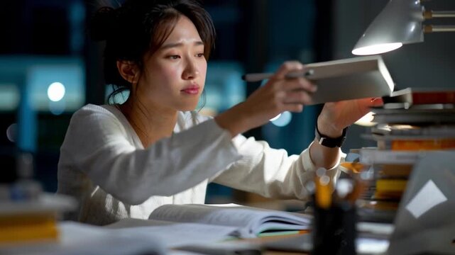 Focused Study Under the Lamp: A student concentrates intently, illuminated by a desk lamp, surrounded by books and papers, engaged in the pursuit of knowledge.