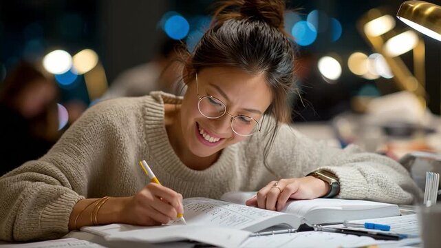 Focused Student at Study: A focused student sits at a desk, illuminated by soft lamp, engrossed in writing, her glasses reflecting the quiet ambiance of learning.