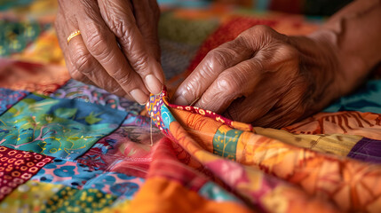 Title: Close-up of artisan hands meticulously sewing traditional textiles and tying laces with authentic manual skill.