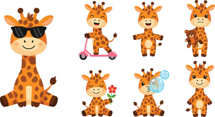 Obraz premium Cute Baby Giraffe Character Vector Set Featuring Various Poses with Sunglasses Riding Scooter Holding Flower and Blowing Bubbles for Kids Nursery and Stationery Designs