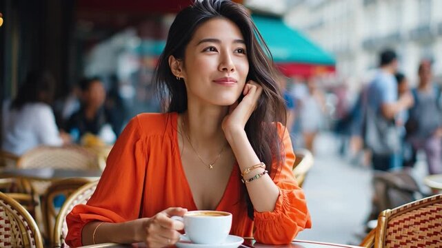 Parisian Cafe Dreamer: A young woman, radiating grace and contemplation, savors a moment of serenity at an outdoor cafe in Paris, a cup of coffee held gently as she gazes into the distance. 