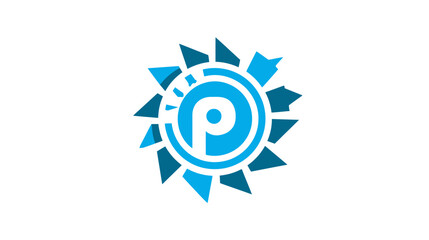 Obraz premium Abstract blue letter P symbol with geometric radiating sunburst and gear-like pattern on white background, modern graphic design