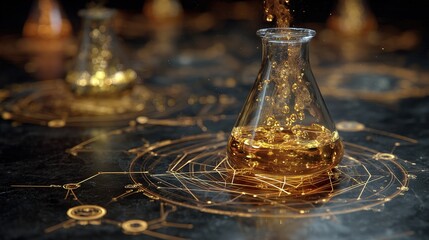 Alchemical still life featuring golden atoms extracted by luminous geometric energy fields, symbolizing transformation.