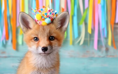 Fototapeta premium Adorable Fox Cub Celebrating with Colorful Crown and Streamers in 3D