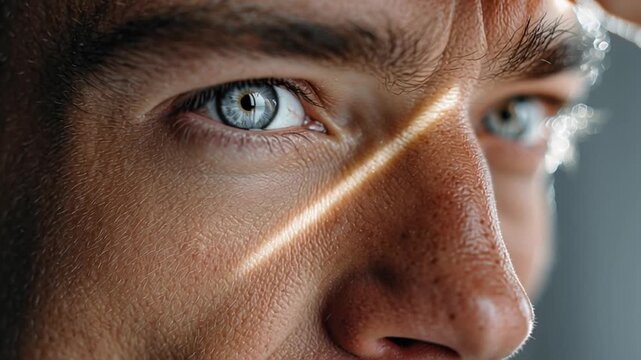 Intense Focus: A striking close-up reveals a man's determined gaze, his piercing blue eyes conveying deep concentration and focused thought.