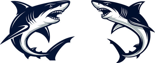 Fototapeta premium Aggressive Shark Mascot Vector Illustration Set Featuring Two Great White Sharks with Open Jaws and Sharp Teeth for Sports Team Logo and Marine Wildlife