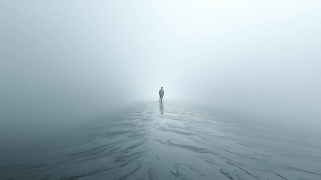 Solitary Journey into the Unknown: A lone figure traverses a misty, ethereal landscape, their silhouette dissolving into the atmospheric haze, symbolizing solitude and introspection. 