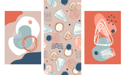 Posters in trendy style and abstract seamless pattern set vector