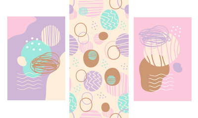 Abstract trendy posters and seamless pattern in pastel color set