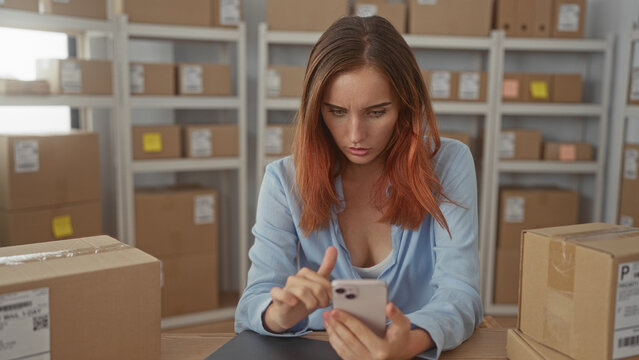 Woman with red hair tapping a smartphone at a packing desk surrounded by stacked cardboard boxes and shelves inside a building; concentration.
