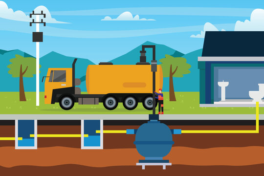 Professional Septic Tank Pumping and Sewage Maintenance Illustration with Vacuum Truck and Underground System 2d flat vector illustration