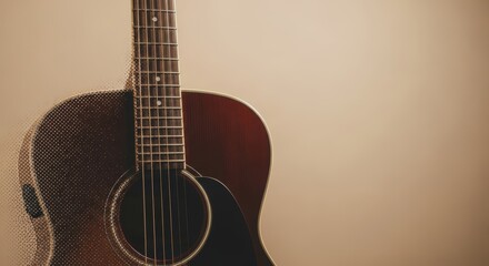 Acoustic guitar with brown body and neck on beige background