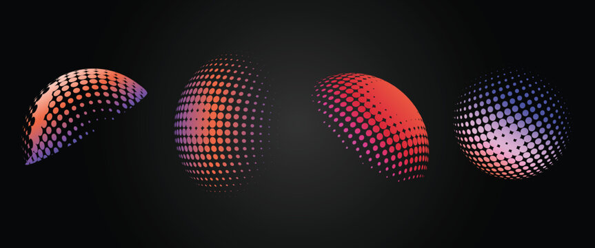 Abstract vector set of halftone spheres with vivid gradients, contemporary design elements on dark background