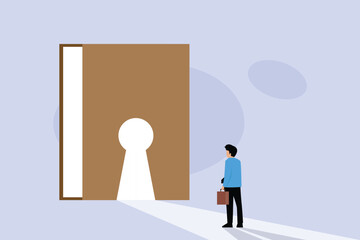 Obraz premium Businessman Facing Giant Book with Keyhole Door Concept for Knowledge and Opportunity 2d flat vector illustration