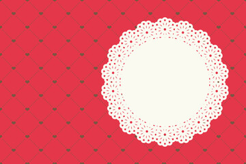 赤と茶色のハート入りキルティング風シームレスパターンに、レースフレームを重ねた背景画像　バレンタインカード風ベクターイラスト素材