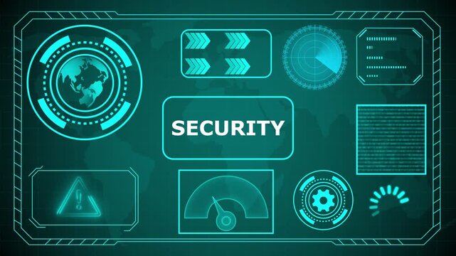 Futuristic HUD interface with "Security" acronym in glowing blue concentric circles and digital background, HUD The world digital data cyber technology background. 4k animation video