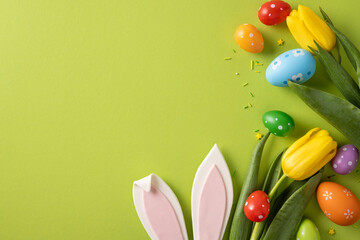 Naklejka premium Bright Easter scene with pastel eggs, tulips, and bunny ears creates a festive mood for holiday greetings and spring celebration. Great for seasonal banners, cards, and online ads