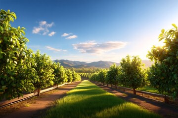 Fototapeta premium Tranquil Apple Orchard Landscape During Harvest Season with Soft Light