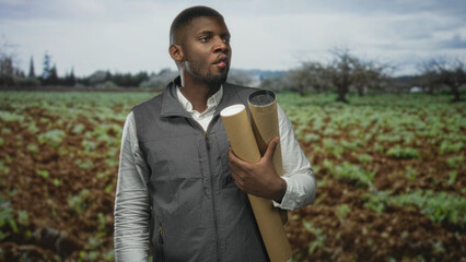 Fototapeta premium Man, young black architect in a gray vest and white shirt holding rolled blueprints and looking thoughtfully across a planted field; calm planning.