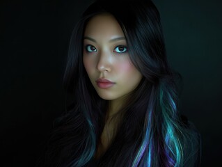 Fototapeta premium East asian woman, serious expression, glowing colorful hair highlights on dark background
